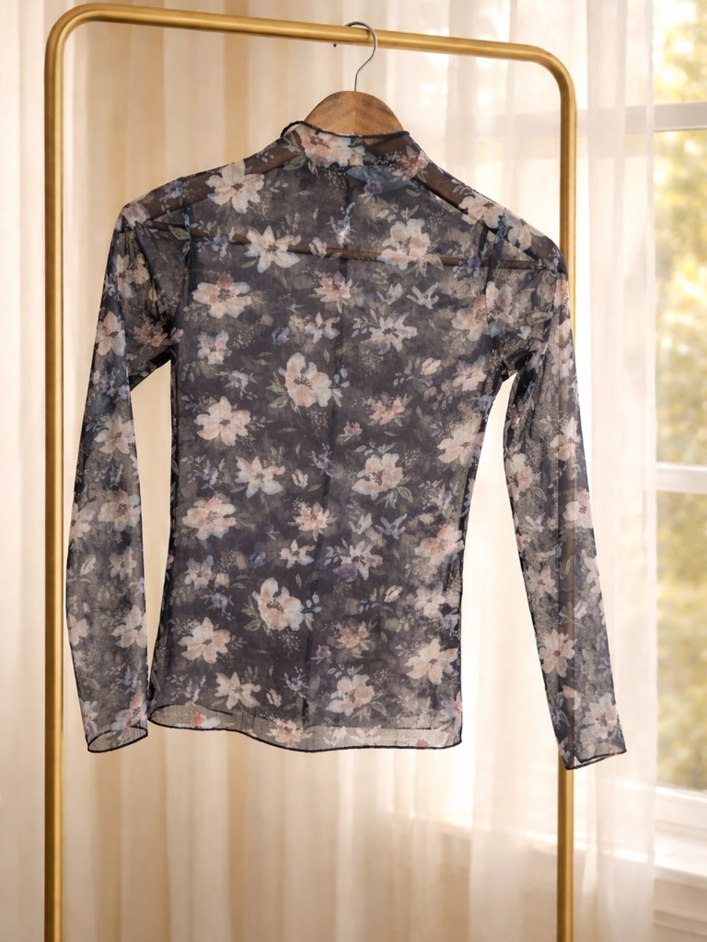 Floral Sheer Long-Sleeve Mesh Top — Brown Floral - Picture 2 of 2